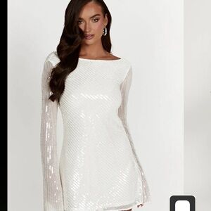 Meshki White Sequin Long-Sleeve Mini Dress